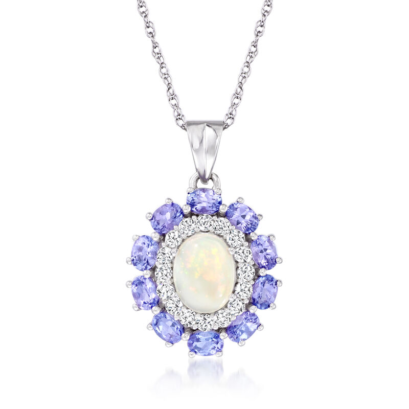 Opal and 1.50 ct. t.w. Tanzanite Pendant Necklace with White Topaz in 14kt White Gold Over Sterling. 18&quot; image number 1