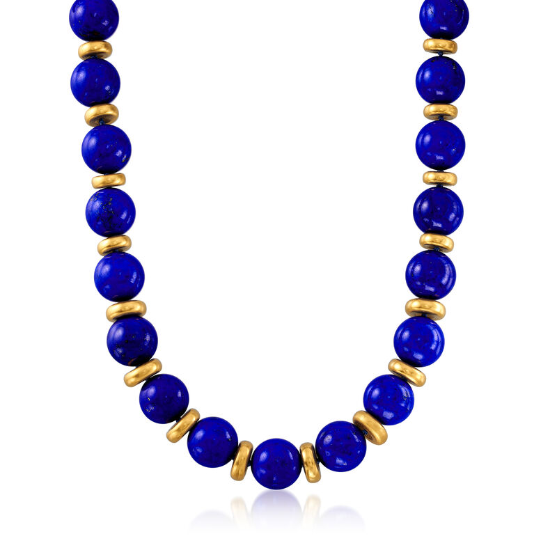 C. 1970 Vintage Lapis Bead Necklace in 18kt Yellow Gold image number 0