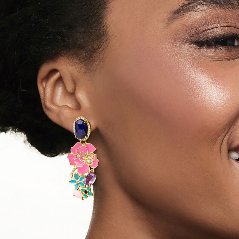 13.40 ct. t.w. Multi-Gemstone and Multicolored Enamel Flower Drop Earrings in 18kt Gold Over Sterling image number 1
