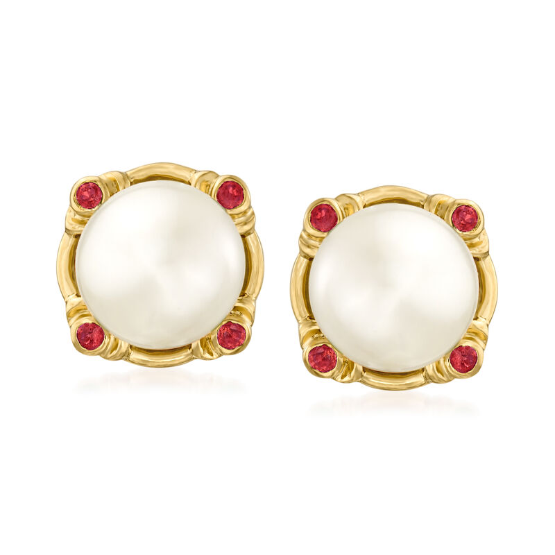 8mm Cultured Pearl and .10 ct. t.w. Ruby Earrings in 18kt Gold Over Sterling image number 0