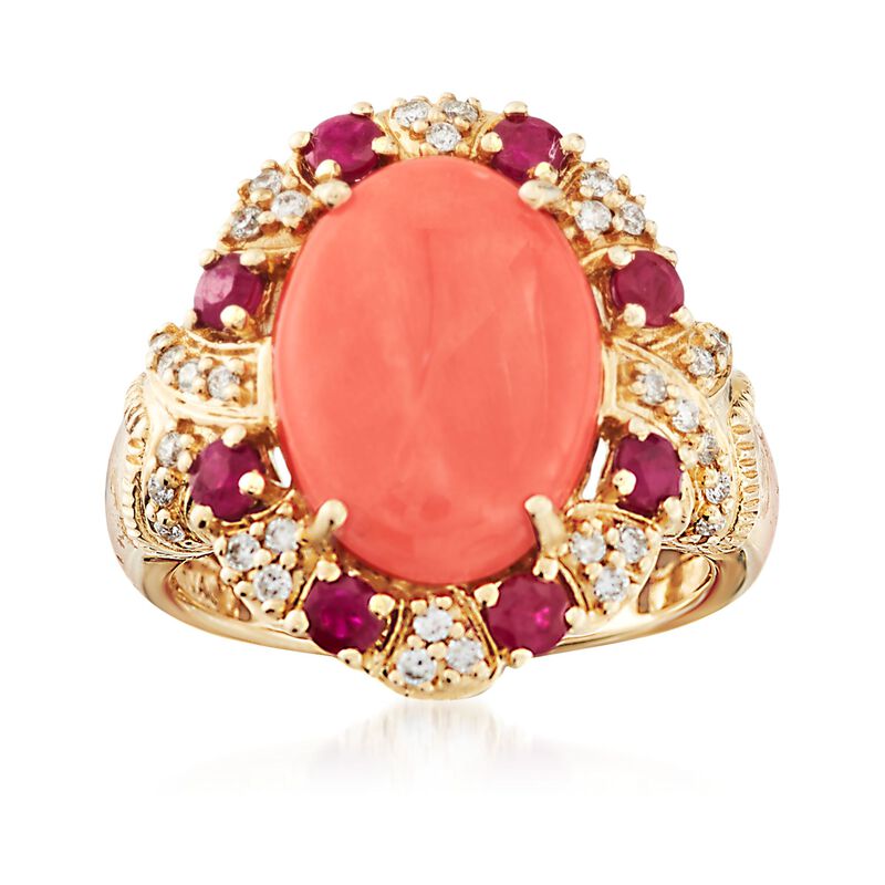 Coral and .70 ct. t.w. Ruby Ring with .23 ct. t.w. Diamonds in 14kt Yellow Gold image number 0