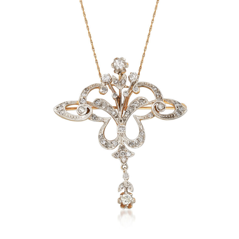C. 1980 Vintage 1.25 ct. t.w. Diamond Filigree Pin/Pendant Necklace in 14kt Two-Tone Gold. 18&quot; image number 1