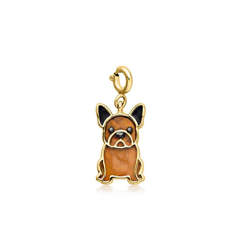 Brown Jasper and Black Enamel French Bulldog Charm in 18kt Gold Over Sterling  image number 1