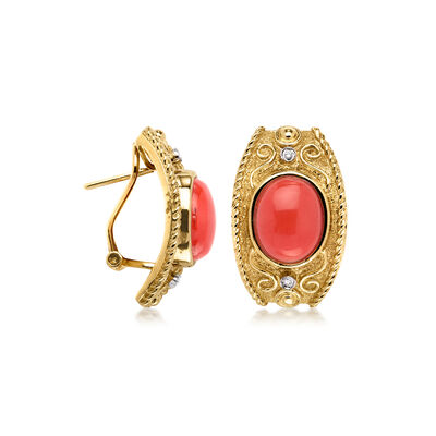 C. 1980 Vintage Coral Curved Earrings with Diamonds in 14kt Yellow Gold
