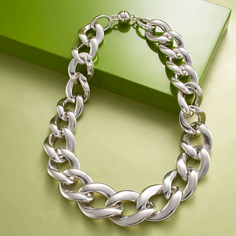 Andiamo Sterling Silver Graduated Curb-Link Necklace image number 4