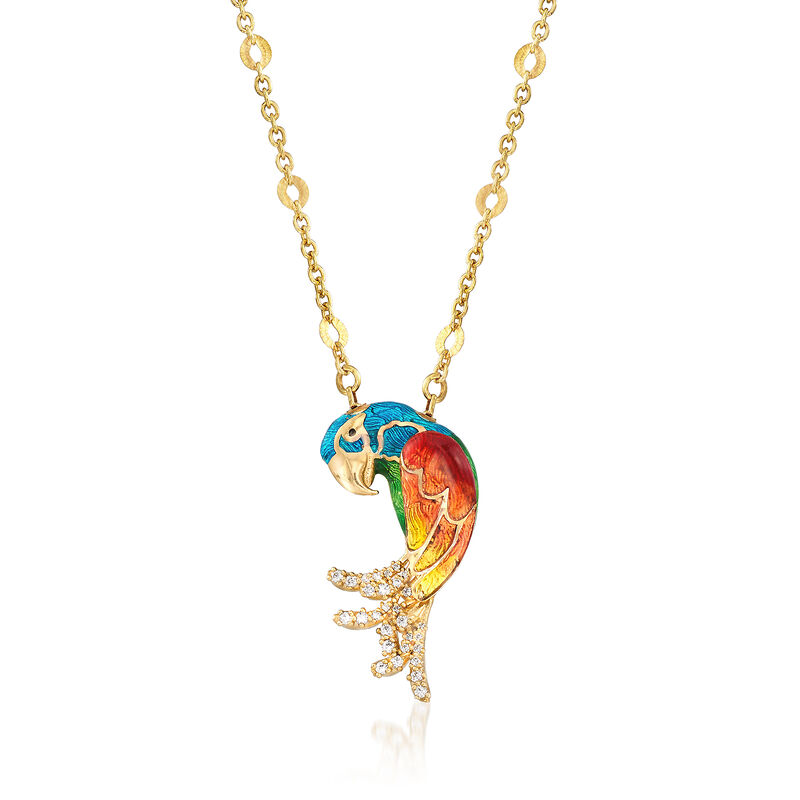 Multicolored Enamel and .19 ct. t.w. CZ Parrot Necklace in 18kt Gold Over Sterling image number 0