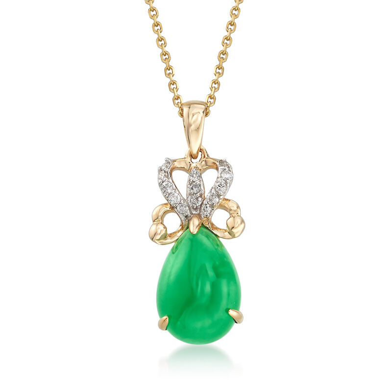 13x9mm Green Jade Pendant Necklace with .11 ct. t.w. Diamonds in 14kt Yellow Gold image number 0