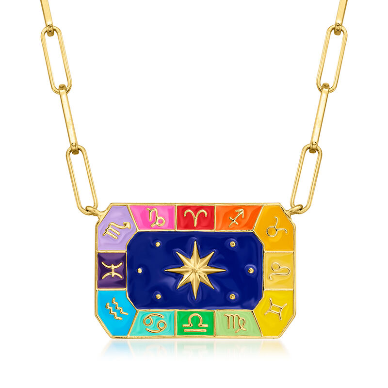 Multicolored Enamel Zodiac Paper Clip Link Necklace in 18kt Yellow Gold Over Sterling. 18&quot; image number 1