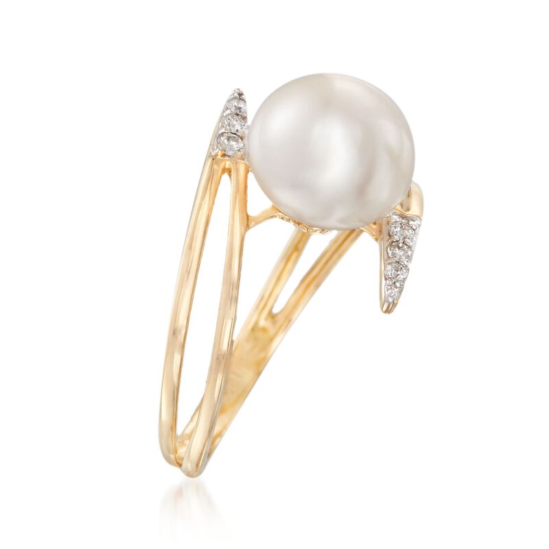 9mm Cultured Pearl Bypass Ring with Diamond Accents in 14kt Yellow Gold image number 2