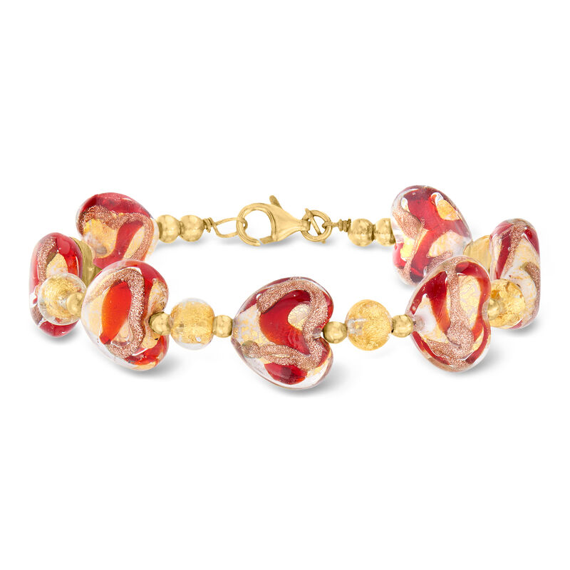 Italian Murano Glass Heart Bracelet with 18kt Gold Over Sterling. 7" image number 0