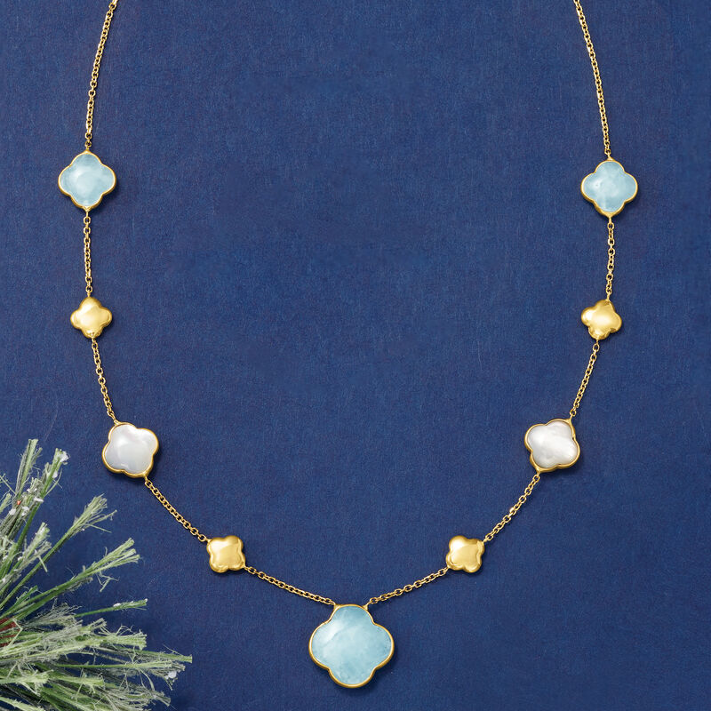 Italian Mother-Of-Pearl and 6.80 ct. t.w. Aquamarine Clover Station Necklace in 14kt Yellow Gold image number 3