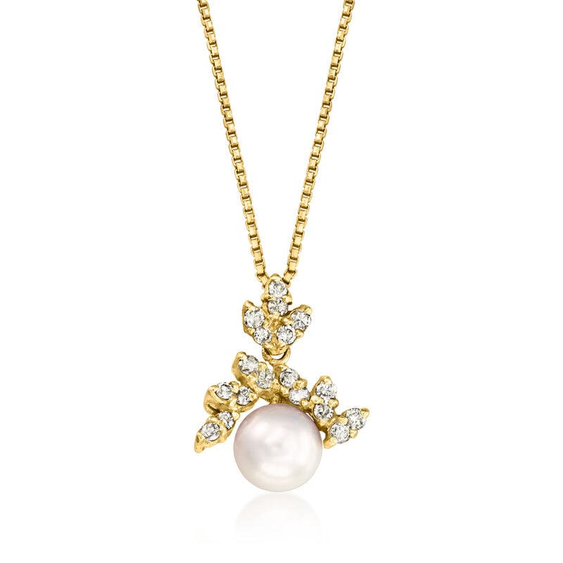 C. 1980 Vintage 7.5mm Cultured Pearl and .45 ct. t.w. Diamond Pendant Necklace in 18kt Yellow Gold. 16" image number 0