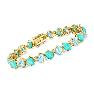 Turquoise and 17.00 ct. t.w. Sky Blue Topaz Bracelet with .90 ct. t.w. White Topaz in 18kt Gold Over Sterling