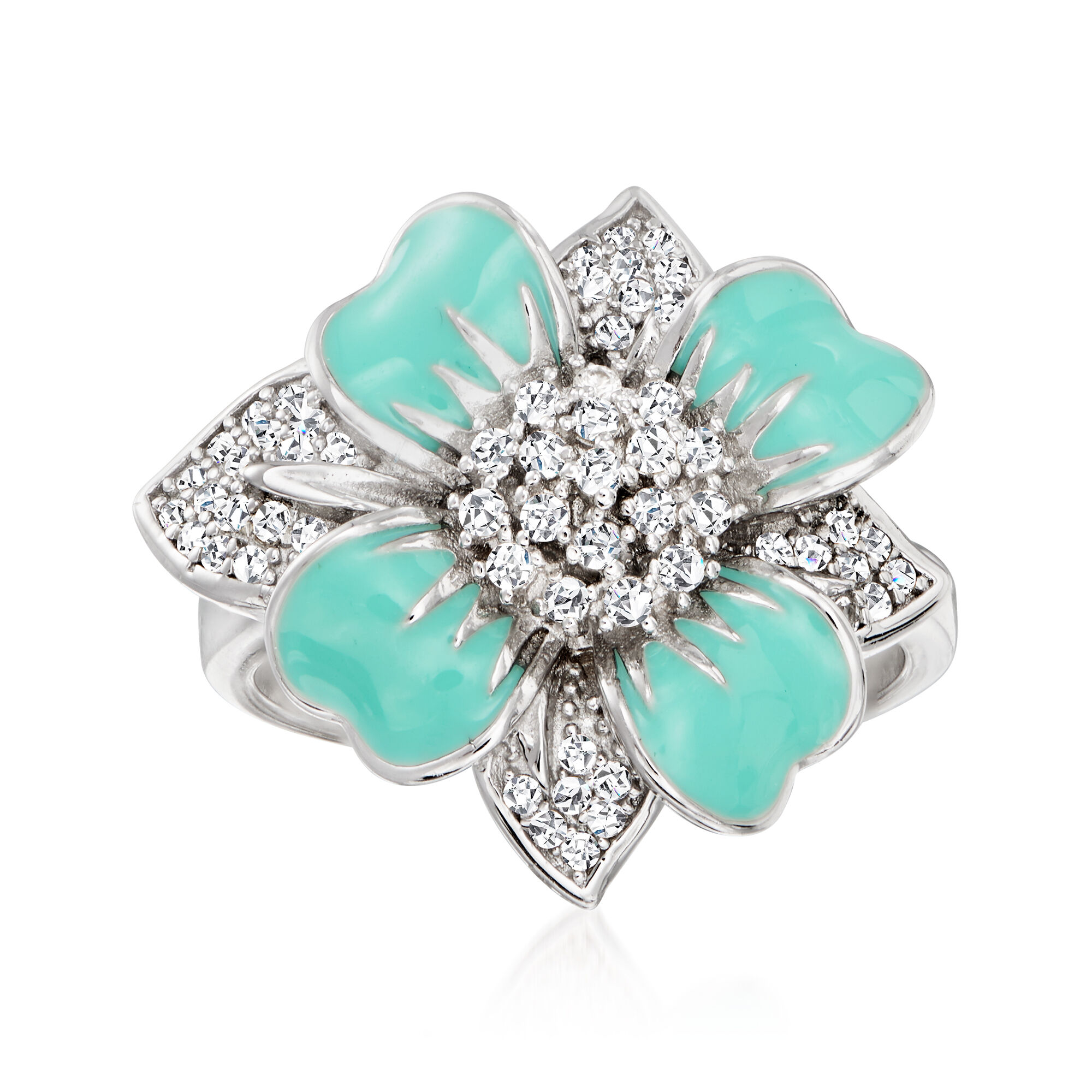 30 ct. t.w. White Topaz and Aqua Enamel Flower Ring in