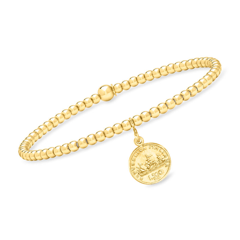 Italian 3mm 18kt Gold Vermeil Bead Stretch Bracelet with Replica Lira Coin Charm. 7&quot; image number 2