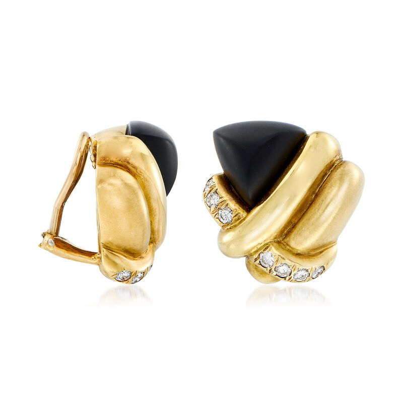 C. 1980 Vintage Black Onyx and .70 ct. t.w. Diamond Knot Clip Earrings in 18kt Yellow Gold image number 2