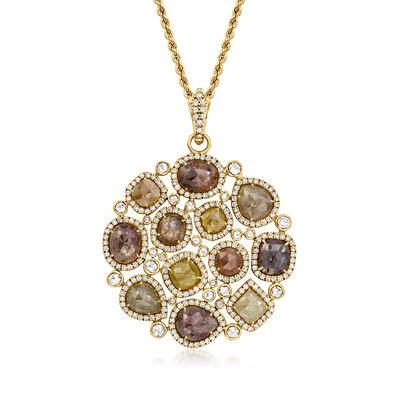 C. 1990 Vintage 25.00 ct. t.w. Multicolored Sapphire and 3.95 ct. t.w. Diamond Cluster Pendant Necklace in 18kt Yellow Gold