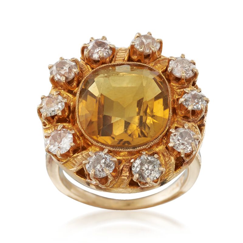 C. 1900 Vintage 6.00 Carat Citrine and 1.80 ct. t.w. Diamond Ring in 14kt Yellow Gold. Size 5.75 image number 0