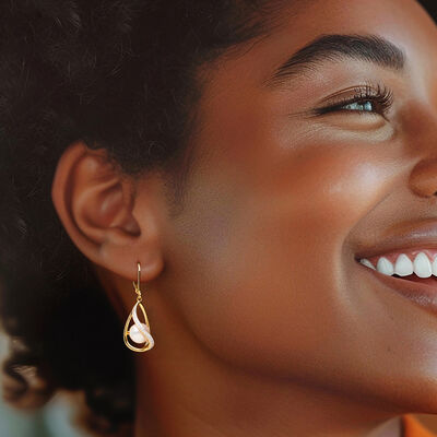 8-8.5mm Cultured Pearl and .13 ct. t.w. Diamond Swirl Drop Earrings in 18kt Gold Over Sterling