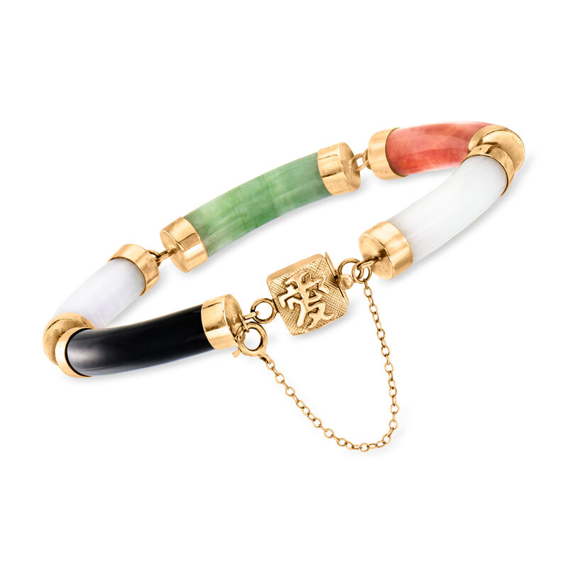 C. 1960 Vintage Multicolored Jade Bracelet in 14kt Yellow Gold. 7.5&quot; image number 2
