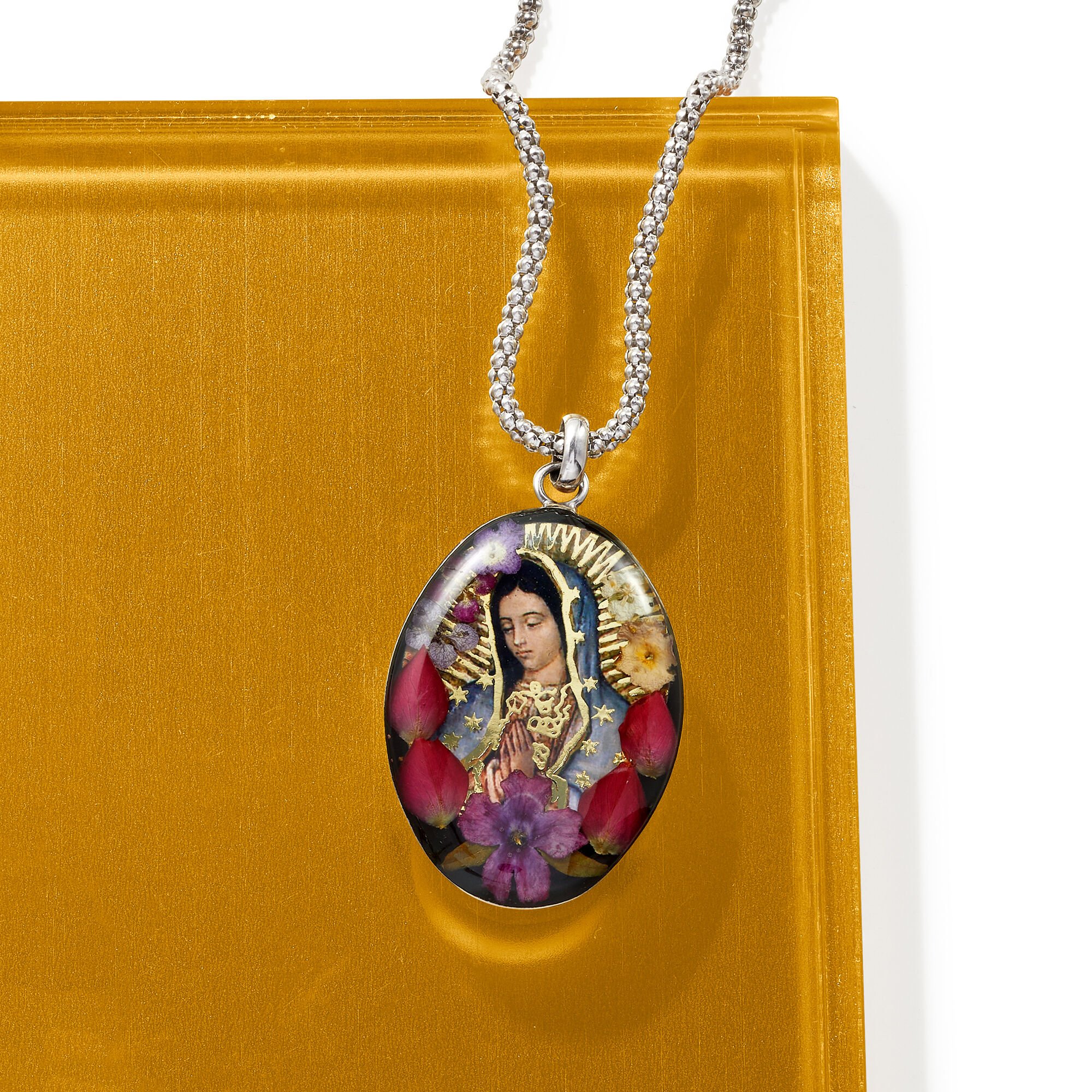 Our Lady of Guadalupe Pendant Necklace with Dried Flowers in Sterling Silver. 18