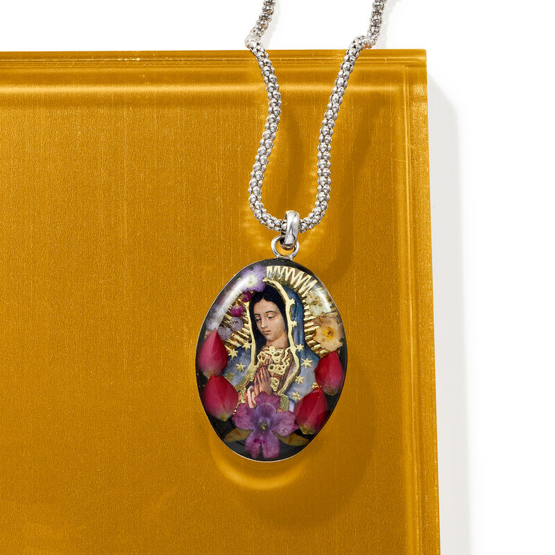 Our Lady of Guadalupe Pendant Necklace with Dried Flowers in Sterling Silver. 18&quot; image number 2