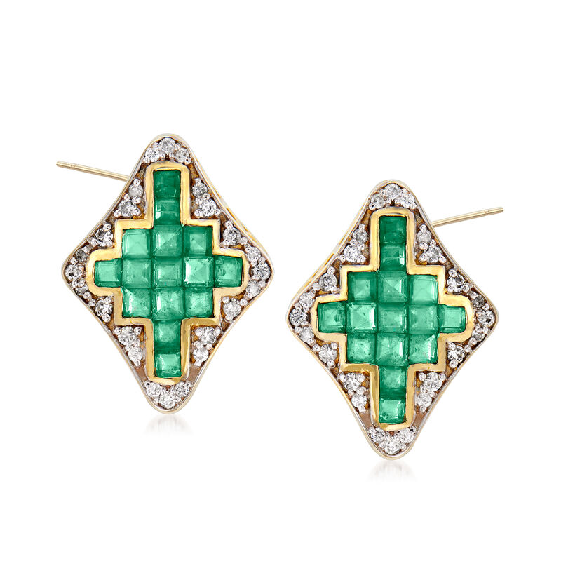 1.70 ct. t.w. Emerald and .28 ct. t.w. Diamond Earrings in 14kt Yellow Gold image number 0