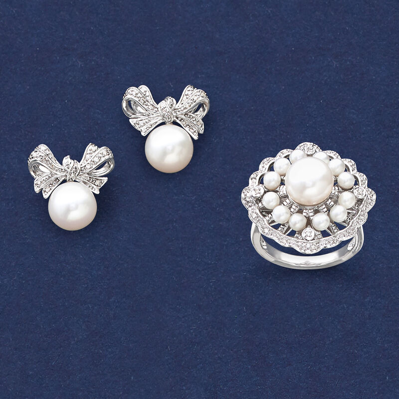 3-8mm Cultured Pearl Scalloped Ring with Diamond Accents in Sterling Silver image number 4