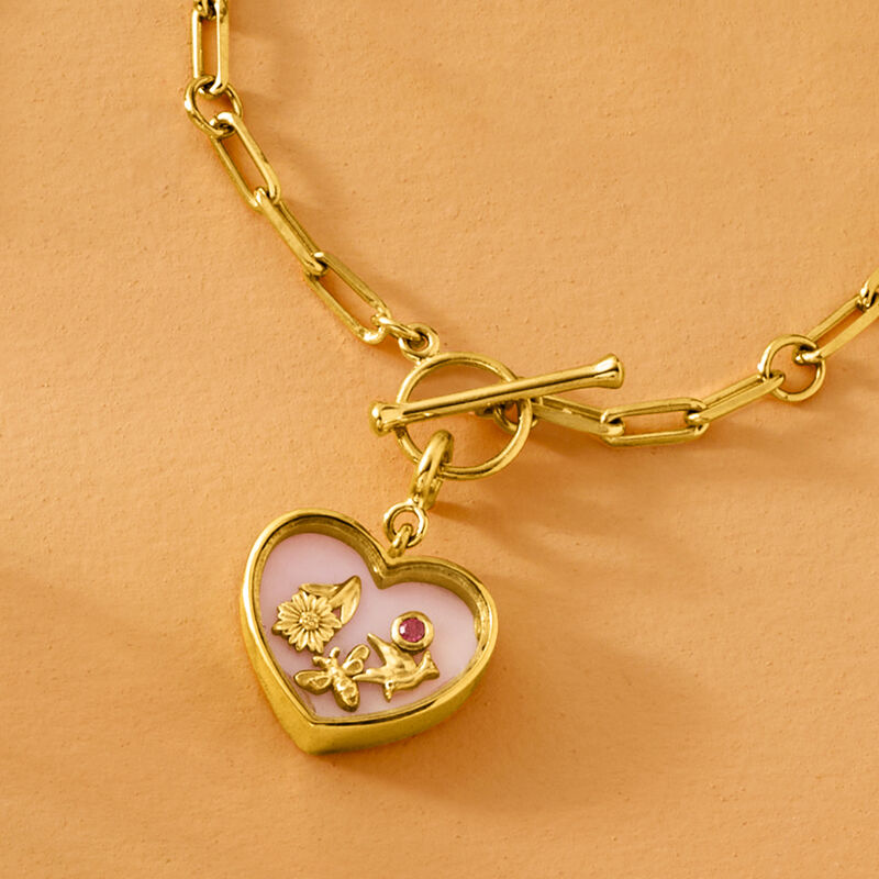 Pink Opal Heart Charm with Single Rhodolite Garnet in 18kt Gold Over Sterling image number 3