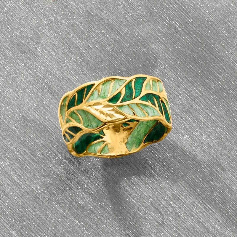 Italian Green Enamel Leaf Ring in 14kt Yellow Gold image number 3