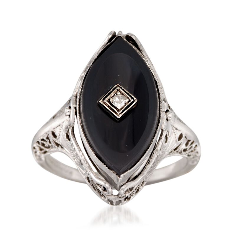 C. 1950 Vintage Black Onyx Ring With Carved Shell and Diamond Accents in 14kt White Gold. Size 6 image number 0