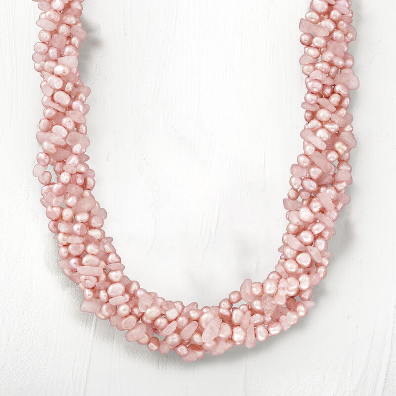 5-6mm Pink Cultured Baroque Pearl and 215.00 ct. t.w. Rose Quartz Torsade Necklace with Sterling Silver image number 3