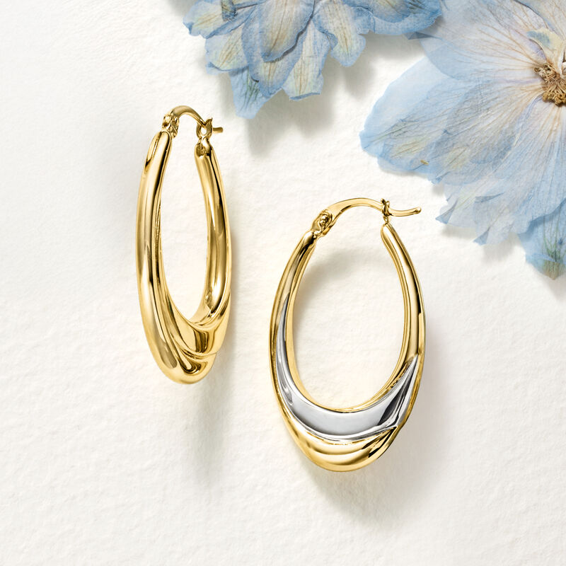 14kt Two-Tone Gold Oval Hoop Earrings. 1 1/4" image number 3