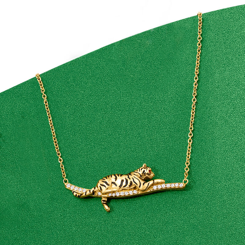 .10 ct. t.w. White Topaz and Black Enamel Tiger Bar Necklace with Rubies in 18kt Gold Over Sterling. 18&quot; image number 3