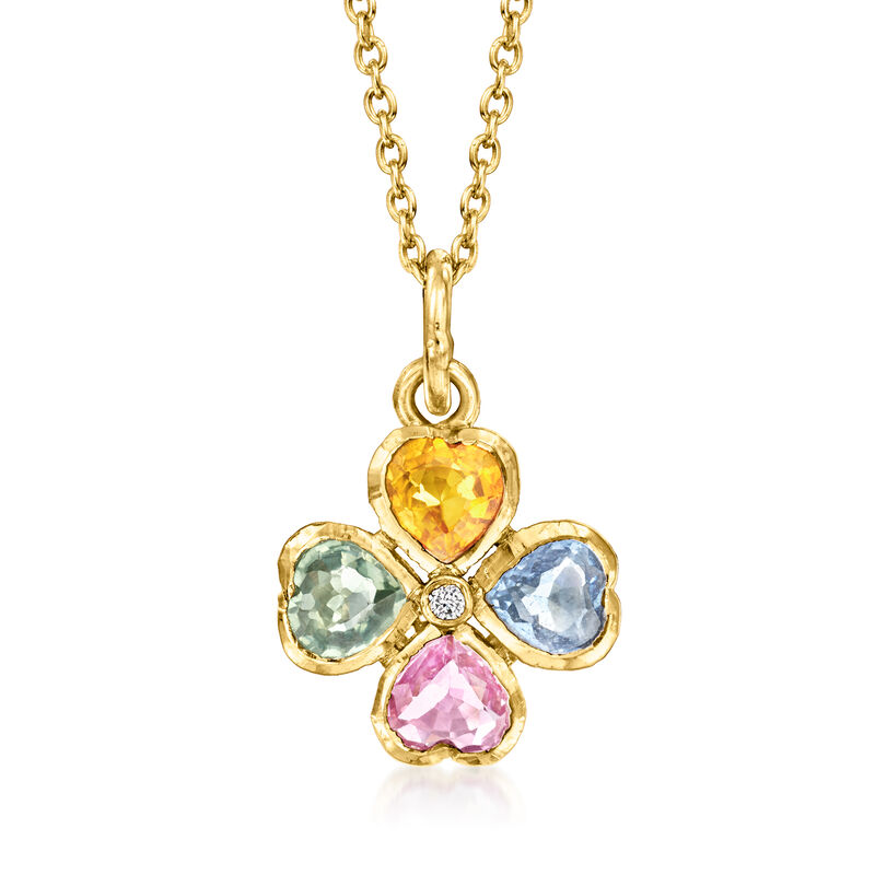 C. 1990 Vintage 1.00 ct. t.w. Multicolored Sapphire Flower Pendant Necklace with Single Diamond in 18kt Yellow Gold. 16&quot; image number 0