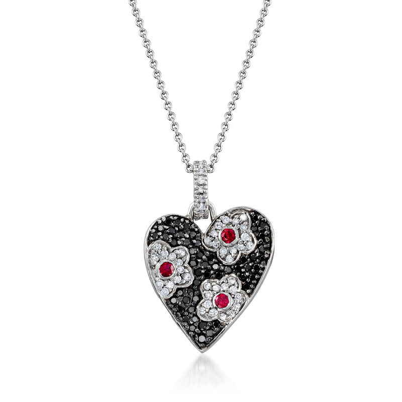 C. 2000 Vintage .85 ct. t.w. Black and White Diamond and .25 ct. t.w. Ruby Heart Pendant Necklace in 18kt White Gold image number 0