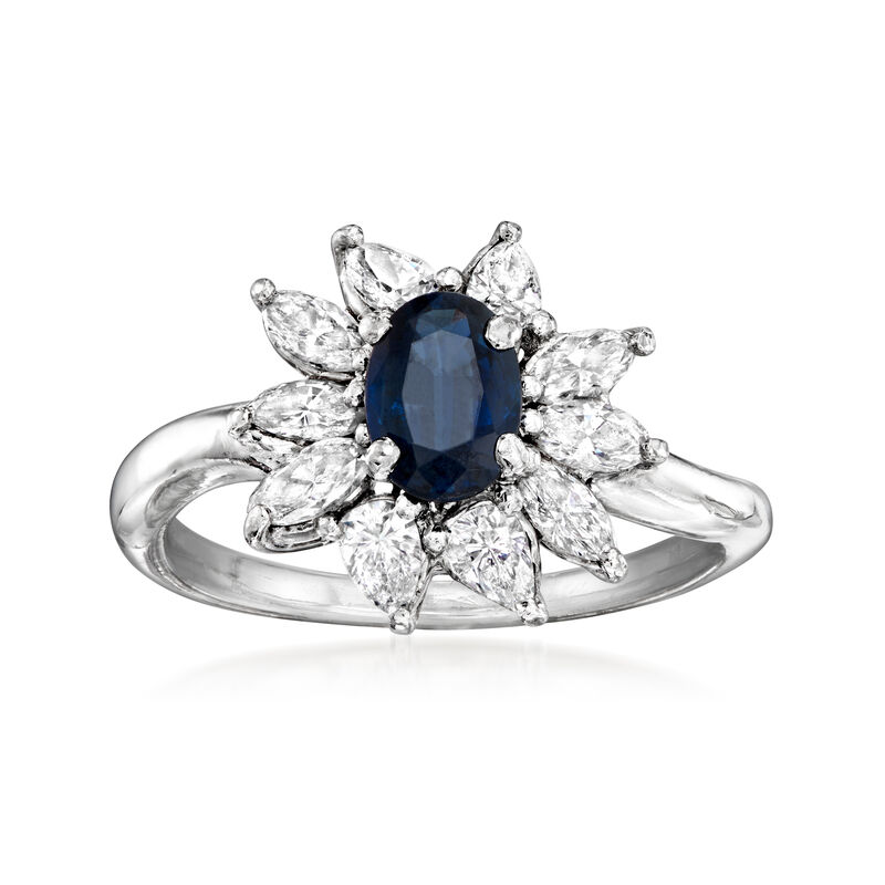 C. 1990 Vintage .75 Carat Sapphire Flower Ring with .80 ct. t.w. Diamonds in Platinum. Size 6 image number 0
