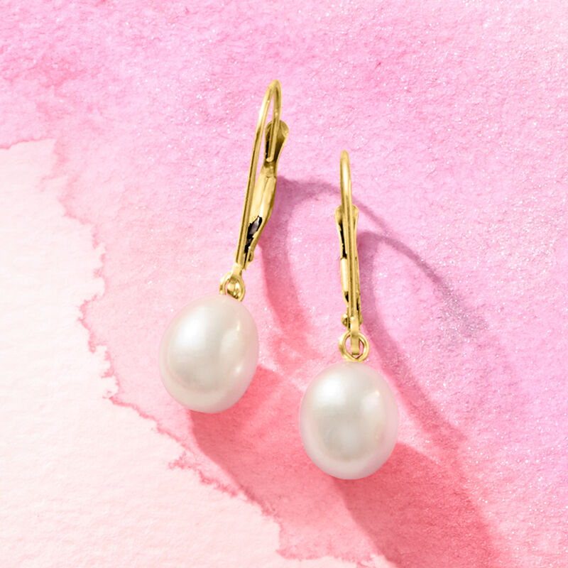 8-8.5mm Cultured Pearl Oval Drop Earrings in 14kt Yellow Gold image number 2