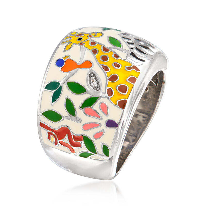 Belle Etoile &quot;Serengeti&quot; Ivory and Multicolored Enamel Ring with CZ Accents in Sterling Silver. Size 7 image number 2