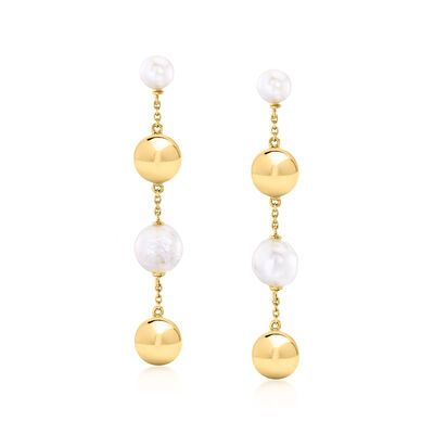 7.5-10.5mm Cultured Pearl and 10mm 18kt Gold Over Sterling Ball Drop Earrings