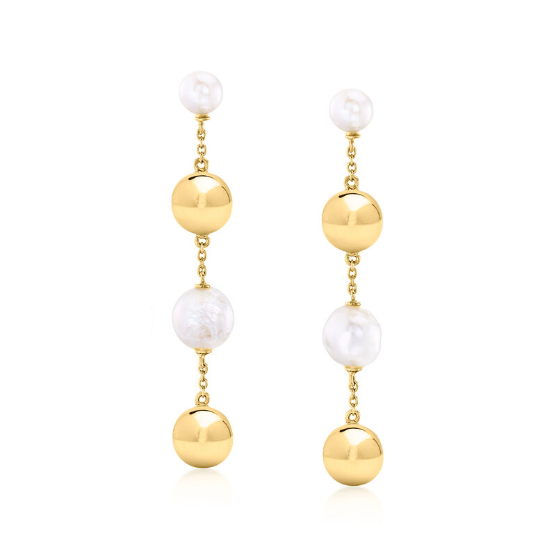 7.5-10.5mm Cultured Pearl and 10mm 18kt Gold Over Sterling Ball Drop Earrings image number 0