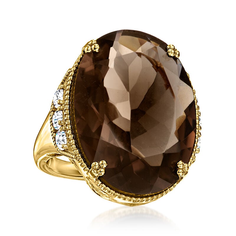 20.00 Carat Smoky Quartz and 1.60 ct. t.w. White Zircon Ring in 18kt Gold Over Sterling image number 3