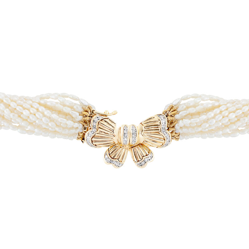 Cultured Pearl Torsade Necklace with .36 ct. t.w. Diamond Bow in 14kt Yellow Gold image number 1