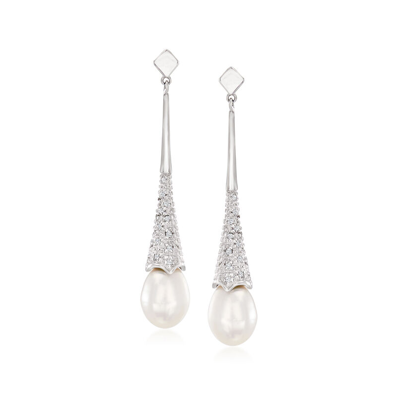 7mm Cultured Pearl Drop Earrings with Diamonds in Sterling Silver image number 0
