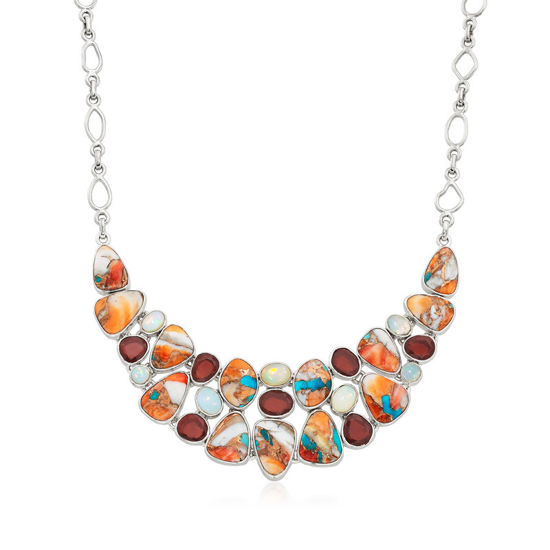 72.90 ct. t.w. Opal, Turquoise and Garnet Statement Necklace in Sterling Silver image number 0