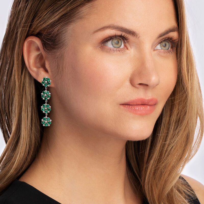C. 1980 Vintage 6.00 ct. t.w. Emerald and 1.35 ct. t.w. Diamond Floral Drop Earrings in 14kt White Gold image number 1