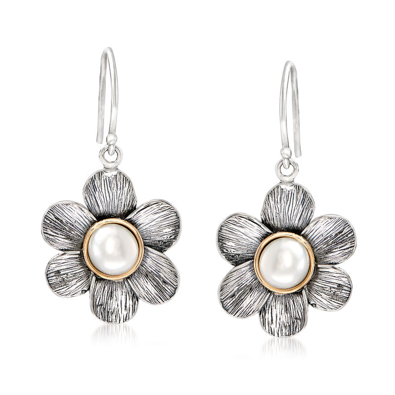 5.5-6.5mm Cultured Pearl Floral Earrings in 14kt Yellow Gold and Sterling Silver image number 0