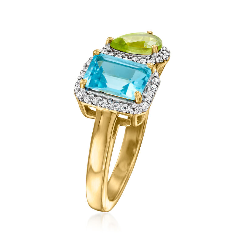1.50 Carat Swiss Blue Topaz and .50 Carat Peridot Toi et Moi Ring with .20 ct. t.w. White Topaz in 18kt Gold Over Sterling image number 2