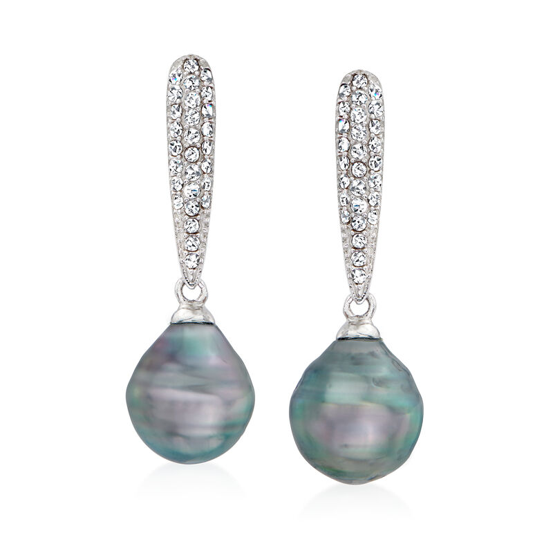 9.5-10mm Black Cultured Tahitian Pearl Drop Earrings with .30 ct. t.w. CZs in Sterling Silver image number 0
