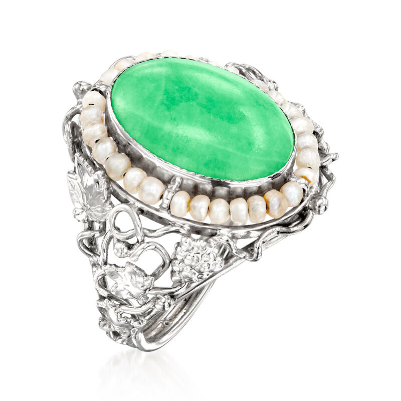 C. 1950 Vintage Jade and Seed Pearl Ring in 14kt White Gold. Size 5.5 image number 2